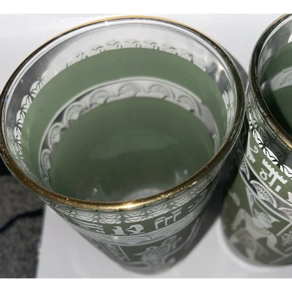 Vintage 1960s Hazel-Atlas Egyptian Pharaoh Green Glass Tumblers Set of 2 MCM